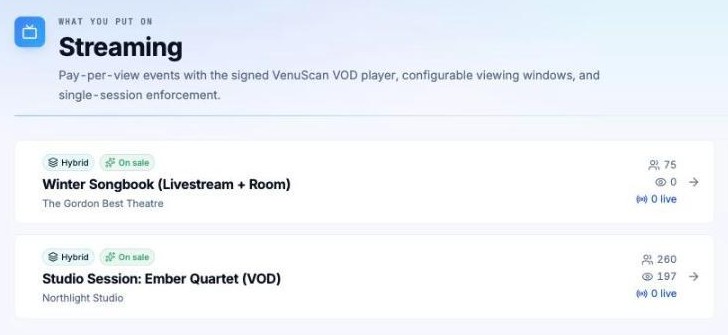 The VenuScan Streaming page listing two hybrid events — Winter Songbook (Livestream + Room) and Studio Session: Ember Quartet (VOD) — each with ticket holders, watch count and a live-viewer count; the studio session shows 260 holders and 197 watched.
